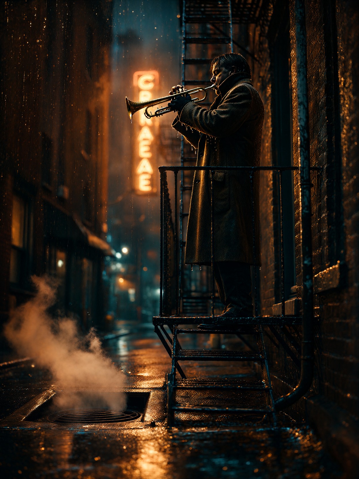 Rainy Night Trumpet Player — AI generated image