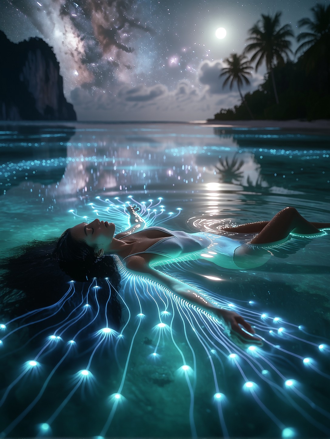 Woman Floating In Bioluminescent Lagoon — AI generated image