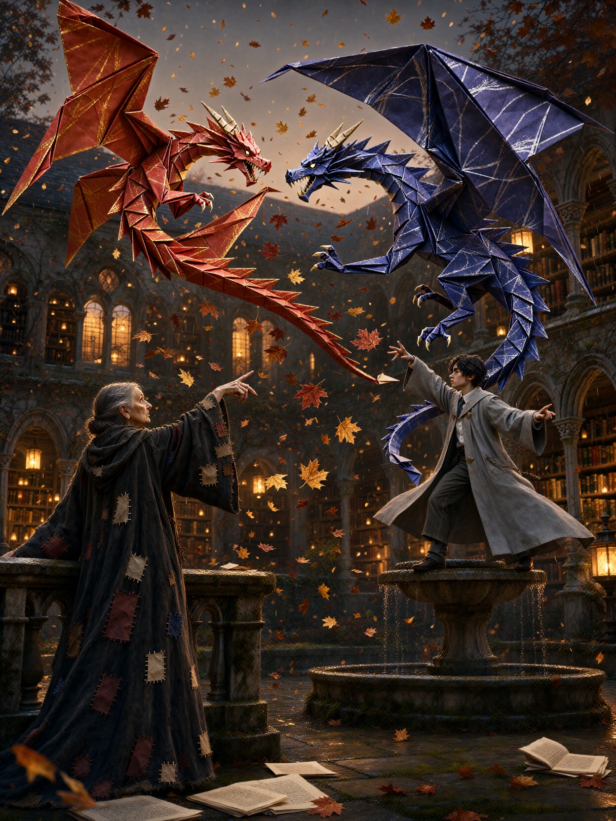 Origami Dragon Wizard Duel Library — AI generated image