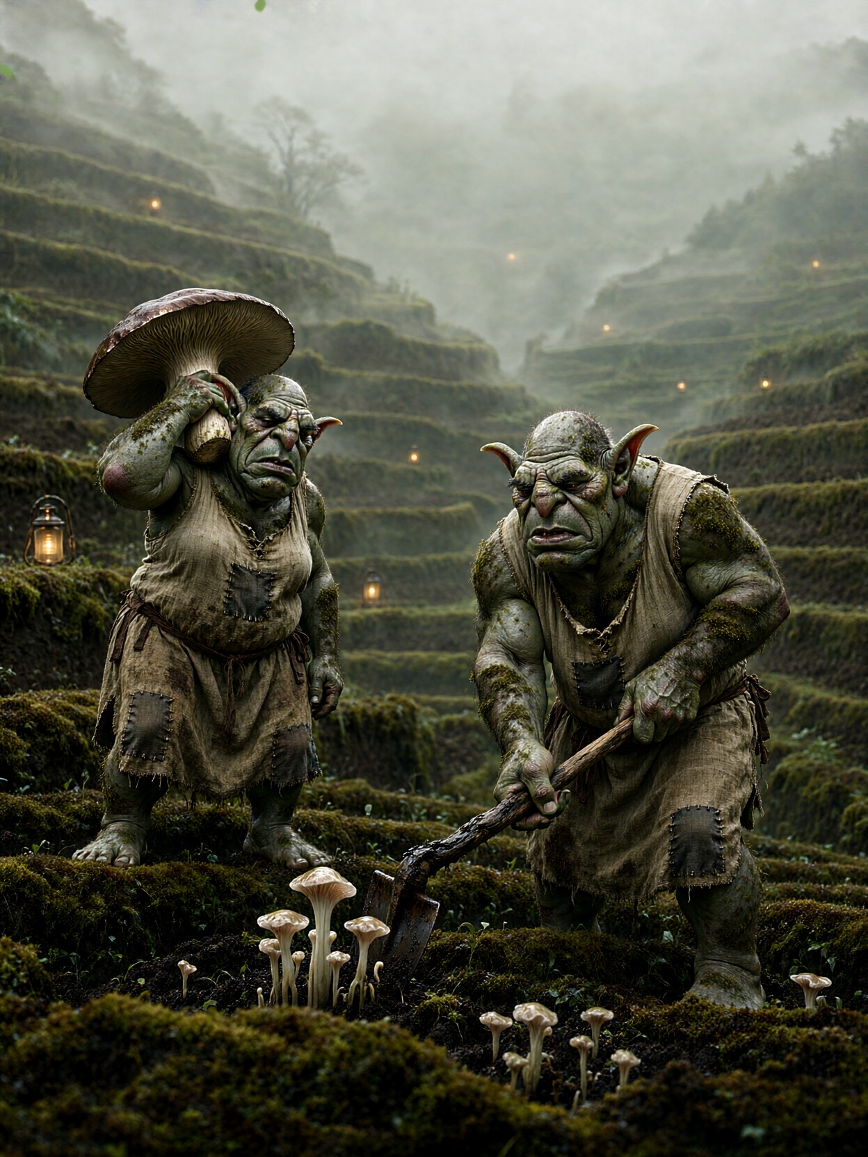 Twin Ogre Farmers In Misted Valley — AI generated image