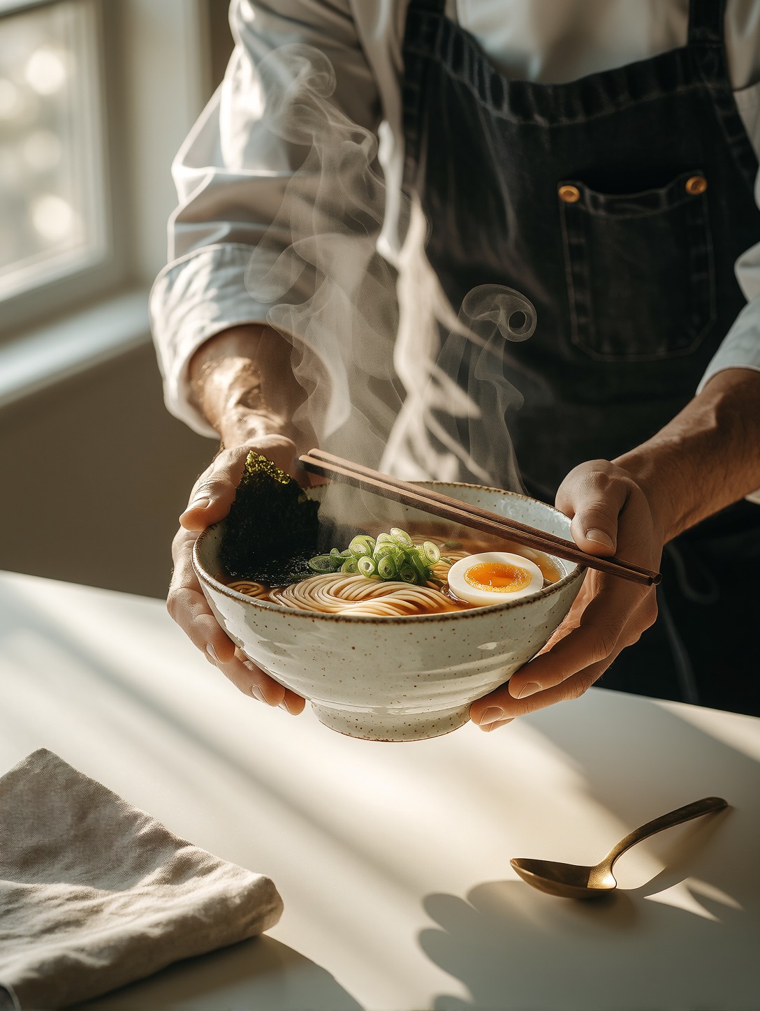 Chef Presenting Steaming Ramen Bowl — AI generated image