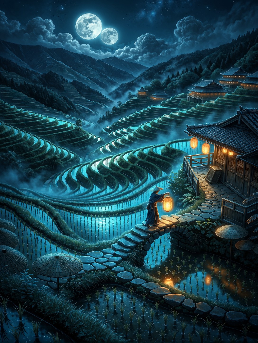 Lantern Bearer Crossing Moonlit Paddies — AI generated image