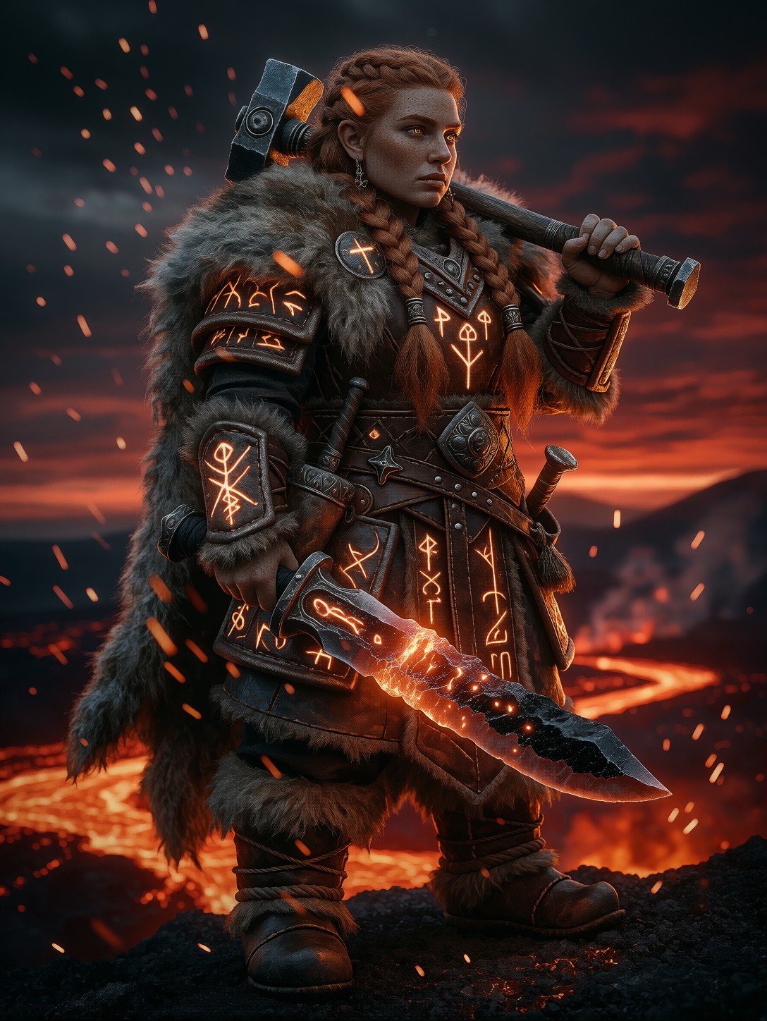 Dwarven Rune-Smith Woman With Molten Blade — AI generated image