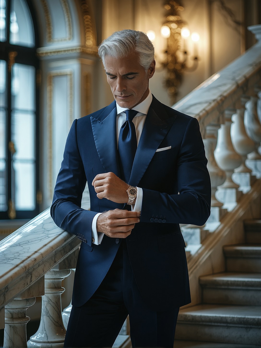 Silver-Haired Man At Marble Staircase — AI generated image