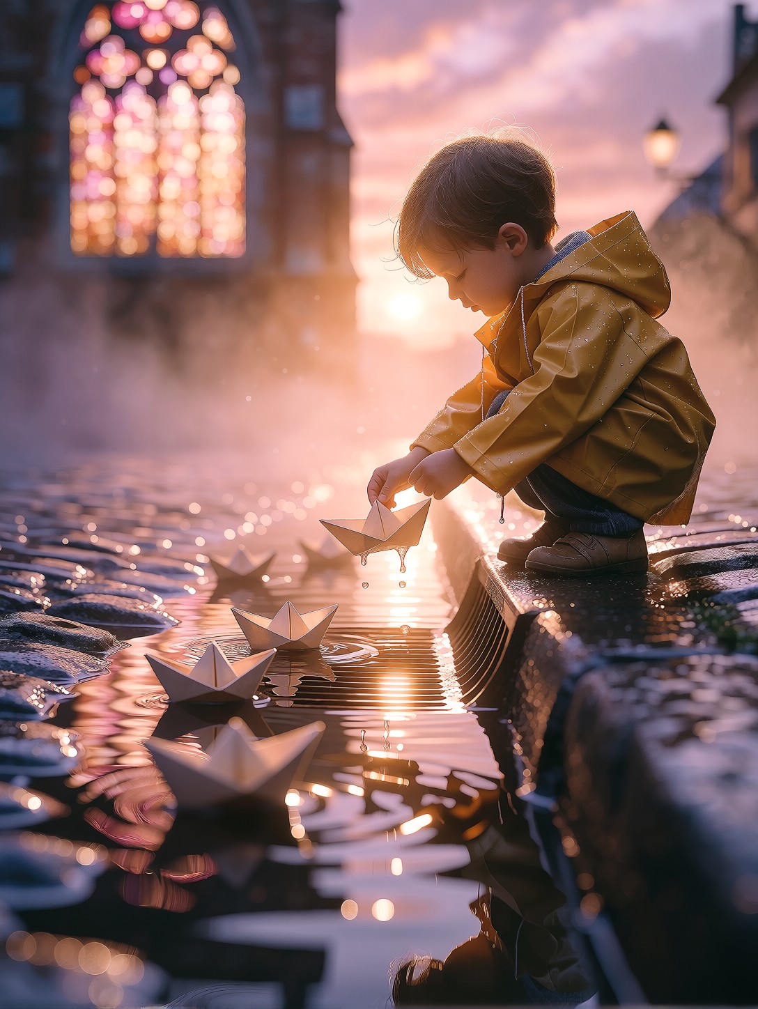Boy Releasing Paper Boats Rain — AI generated image