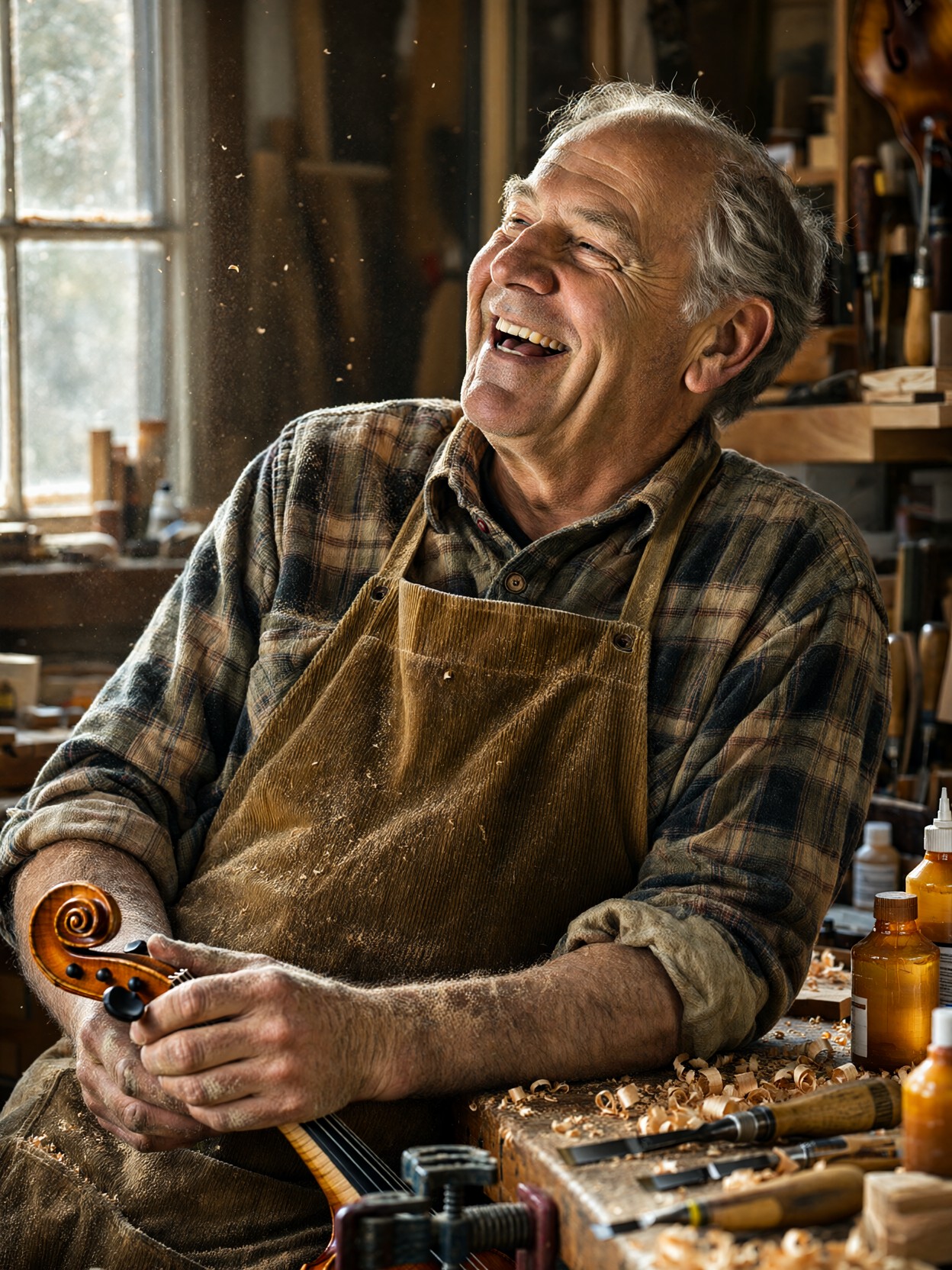 Laughing Luthier In Workshop — AI generated image