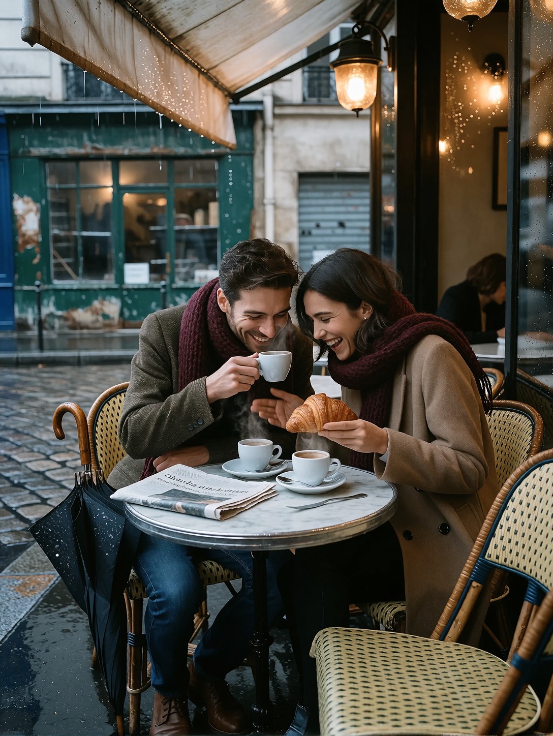 Friends Laughing At Paris Café — AI generated image