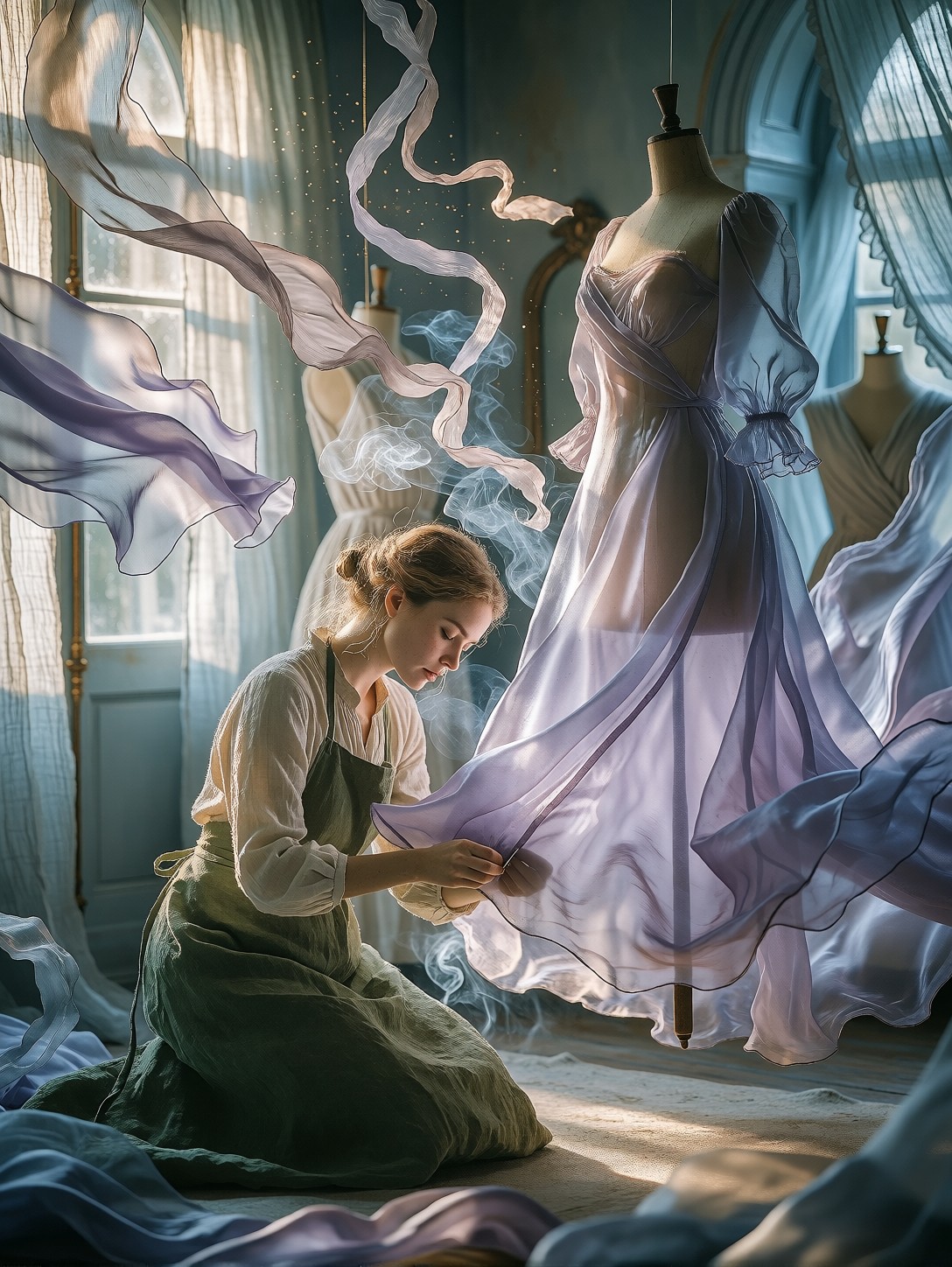 Seamstress Pinning Floating Silk Gown — AI generated image