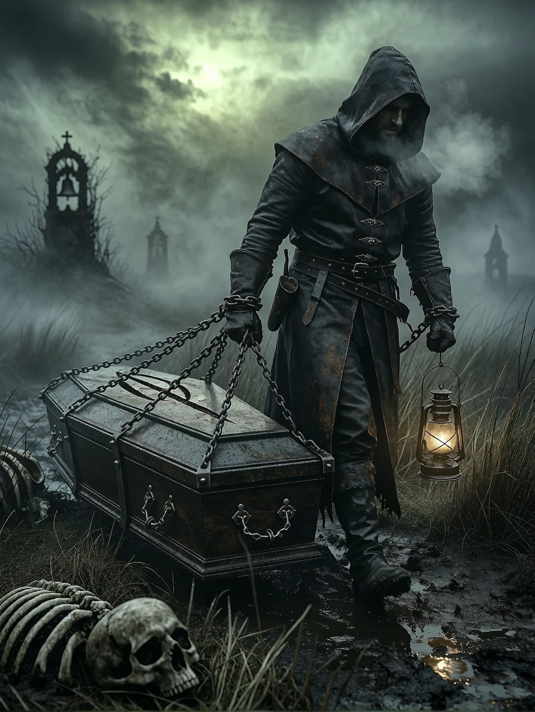 Hooded Executioner Dragging Coffin — AI generated image