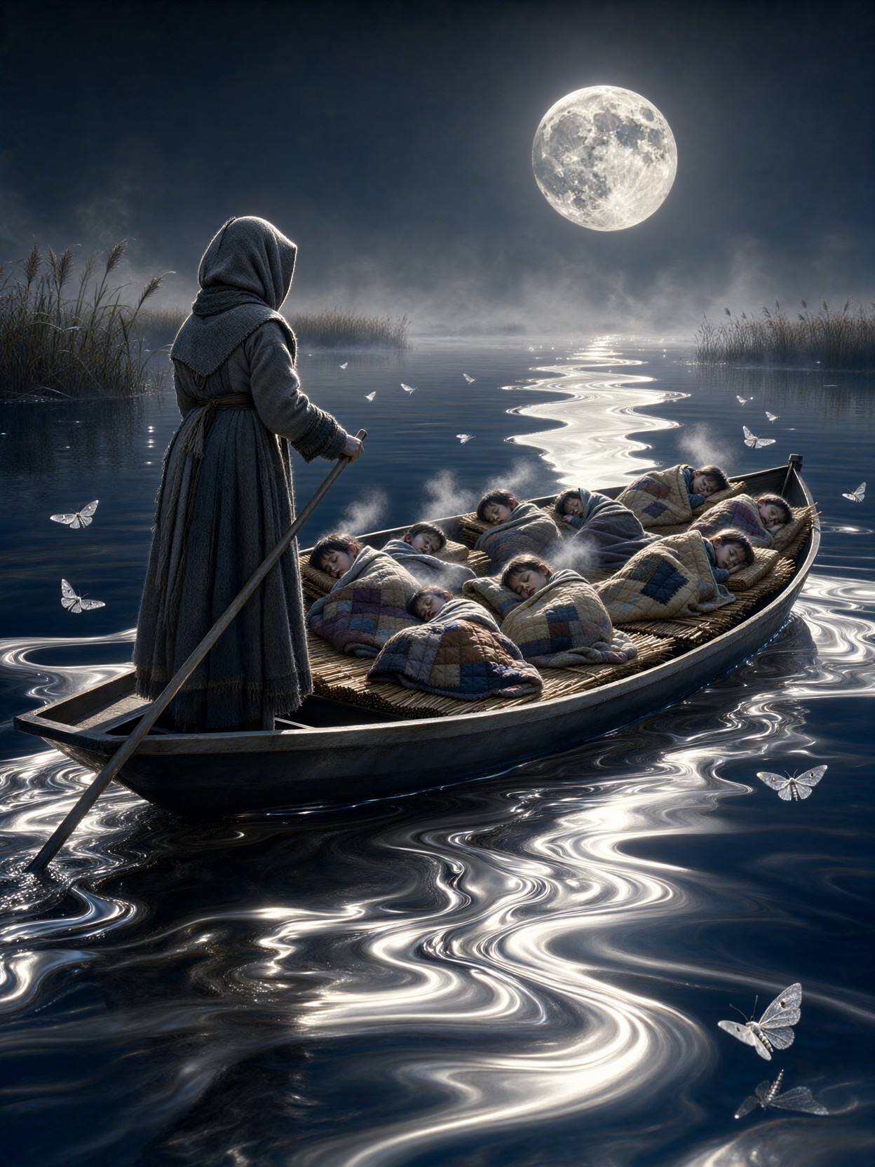 Ferrywoman On Glowing Moonlit Lake — AI generated image