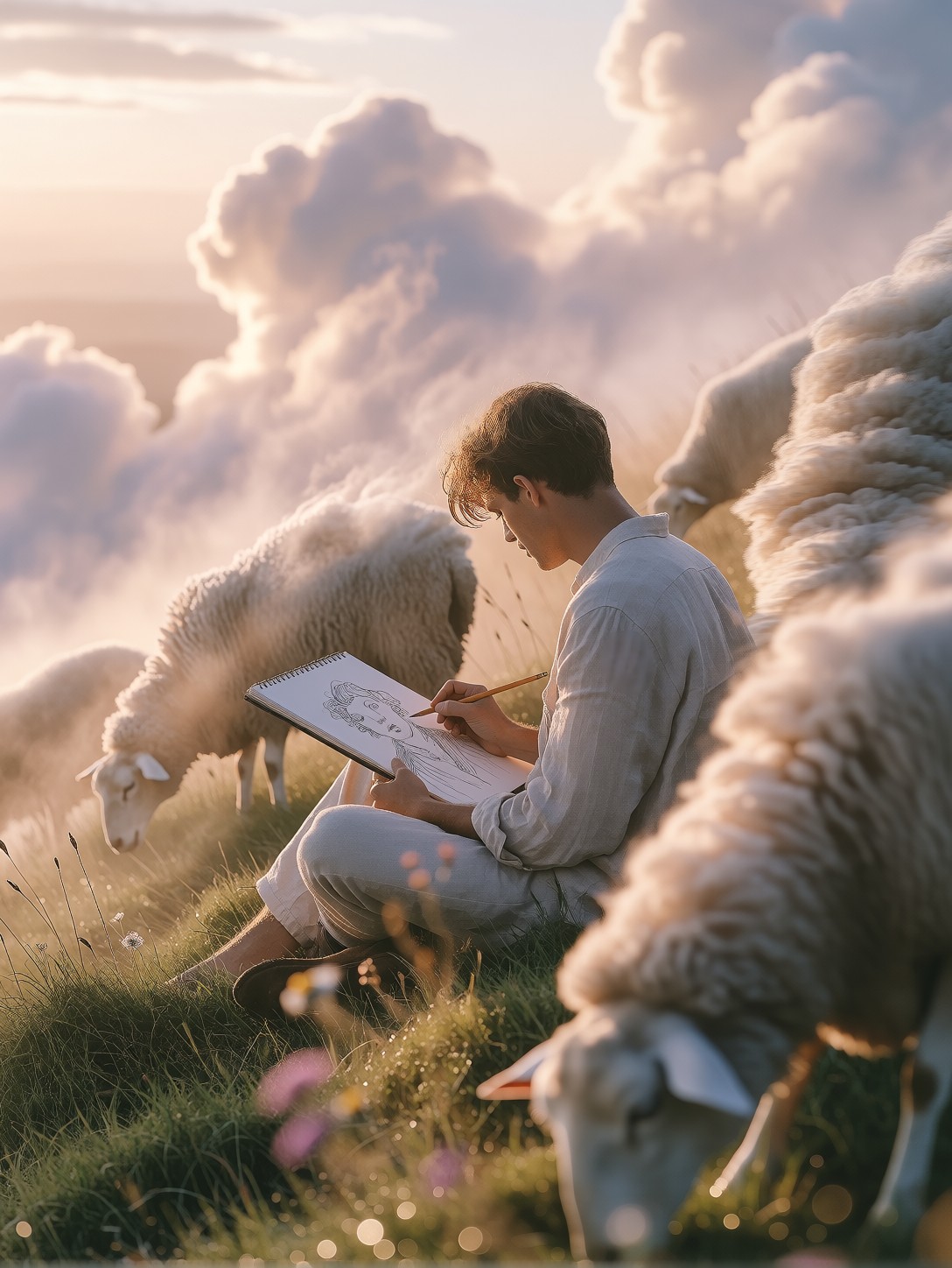 Dreamy Man Sketching Clouds On Grassy Hill — AI generated image