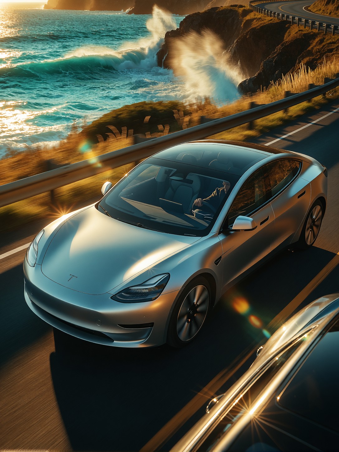 Silver Electric Car Coastal Drive — AI generated image