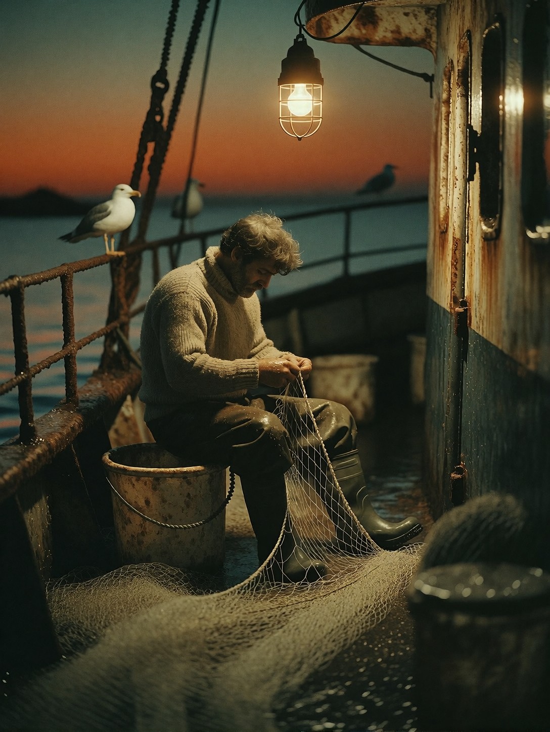Fisherman Mending Nets at Dusk — AI generated image