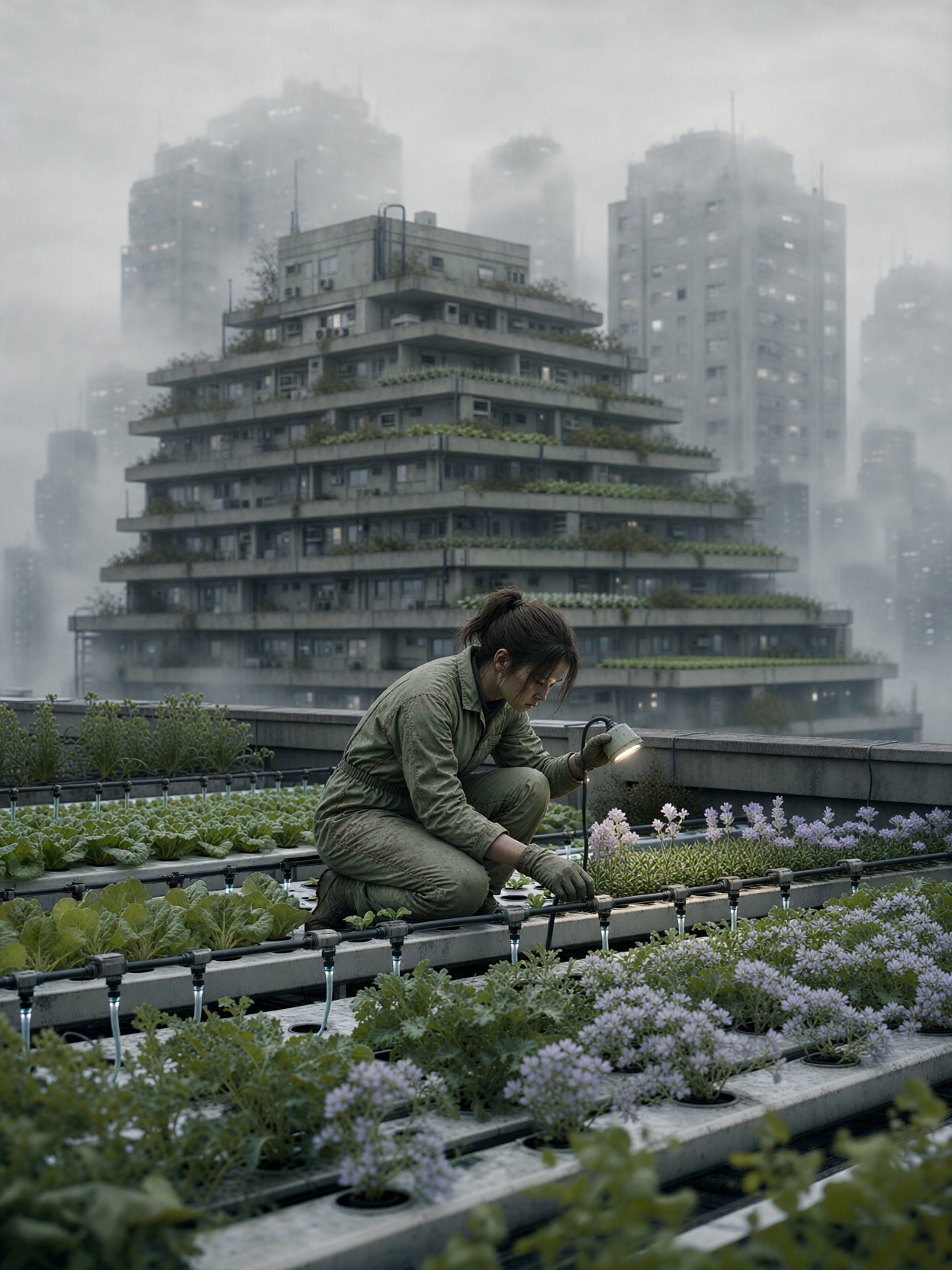 Lone Gardener In Misty Rooftop City — AI generated image