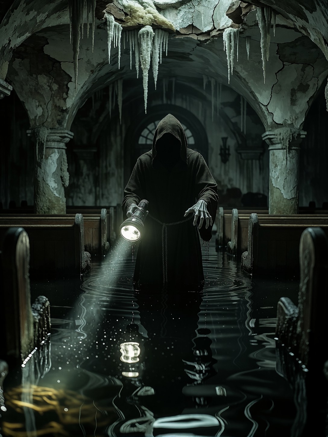 Faceless Figure In Flooded Chapel — AI generated image