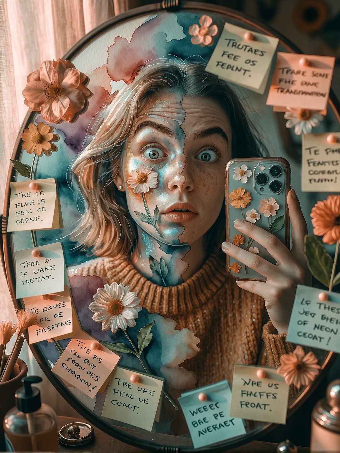 Watercolor Reflection Selfie Portrait — AI generated image