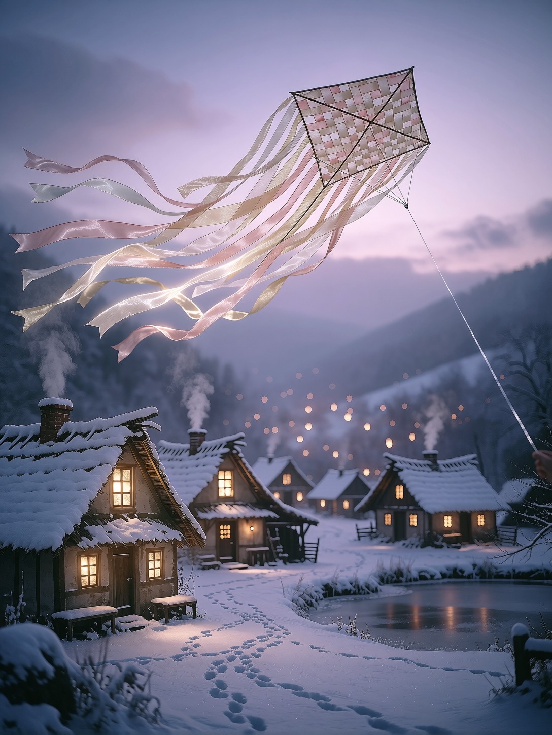 Silk Kite Over Snowy Village — AI generated image