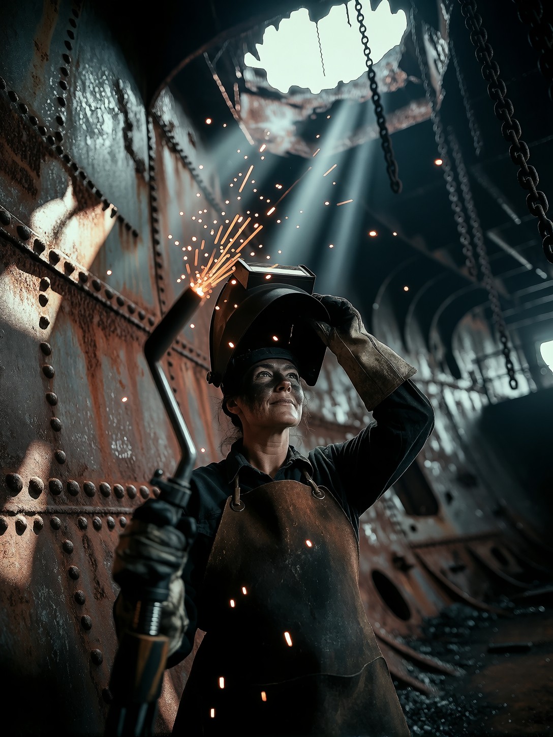 Welder In Rusted Battleship Hull — AI generated image