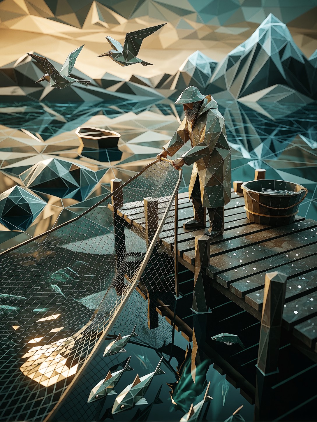 Low Poly Fisherman Casting Net — AI generated image