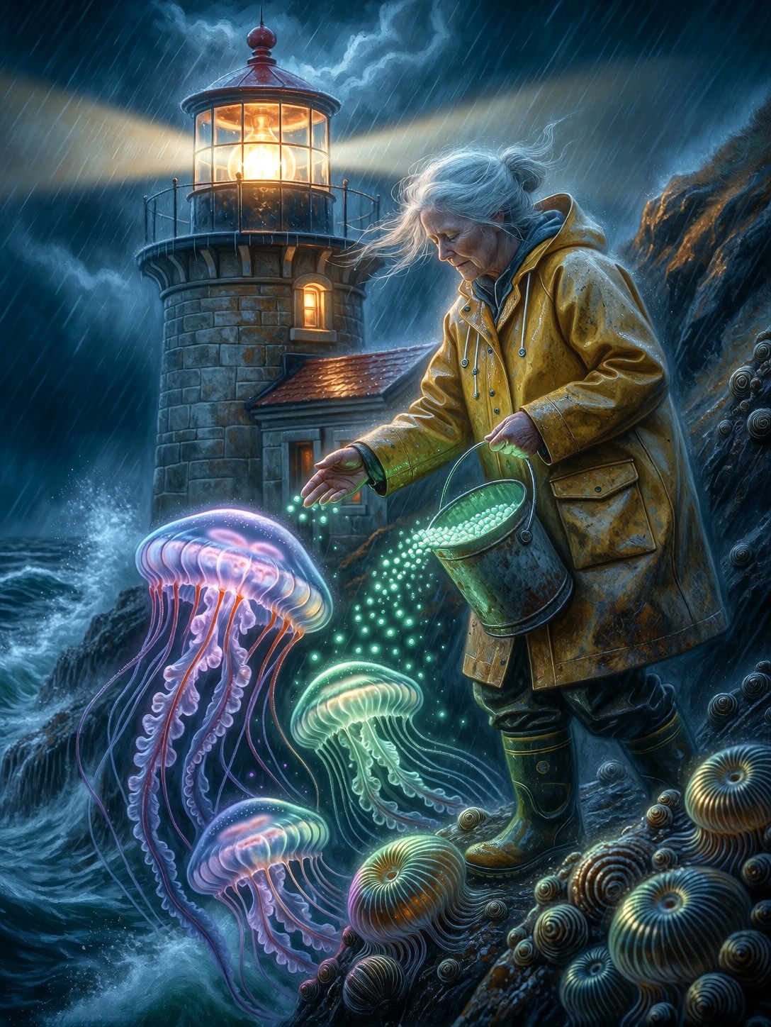Lighthouse Keeper Feeding Glowing Jellyfish — AI generated image