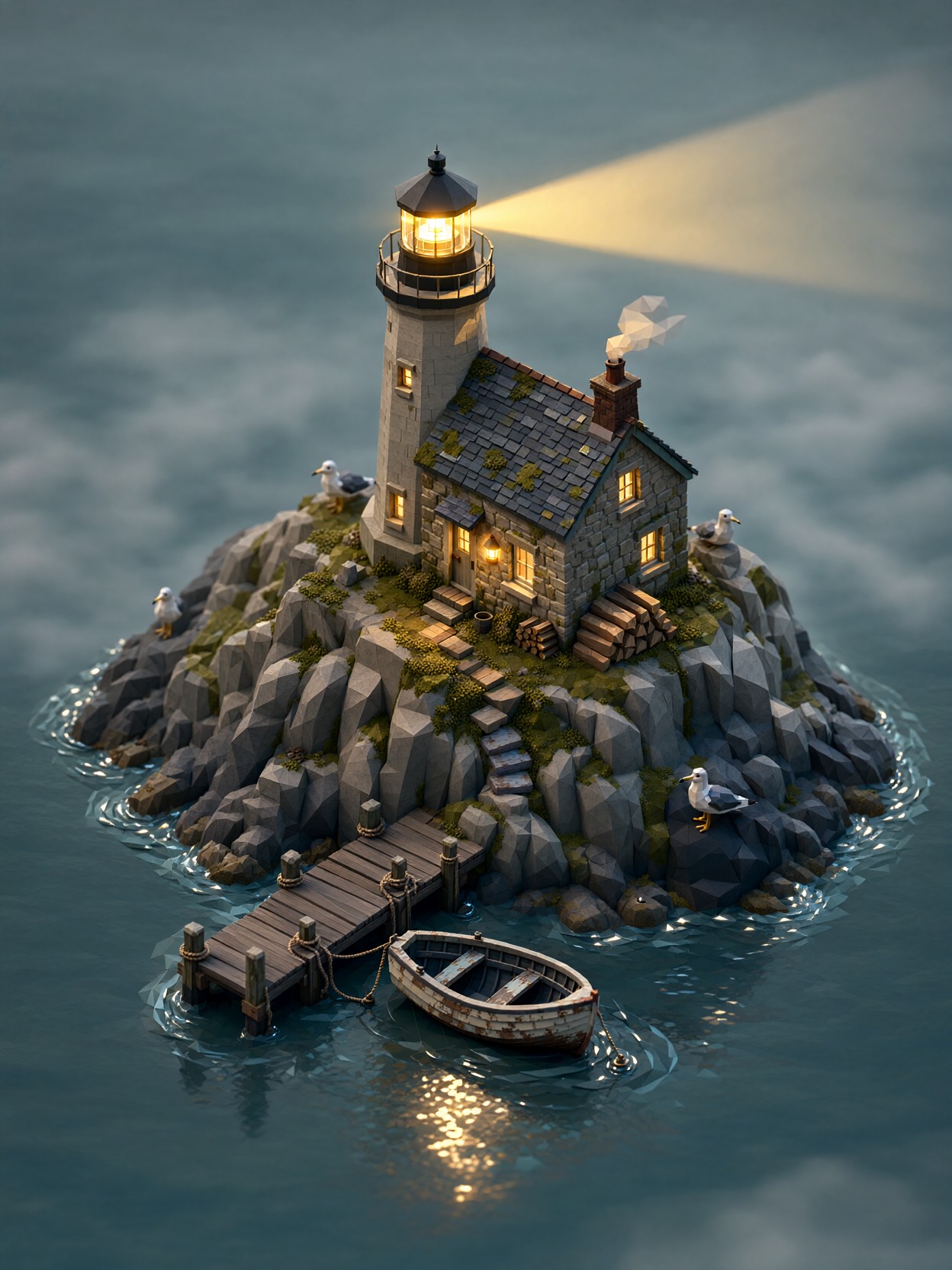 Lighthouse Keeper Cottage Low Poly Diorama — AI generated image