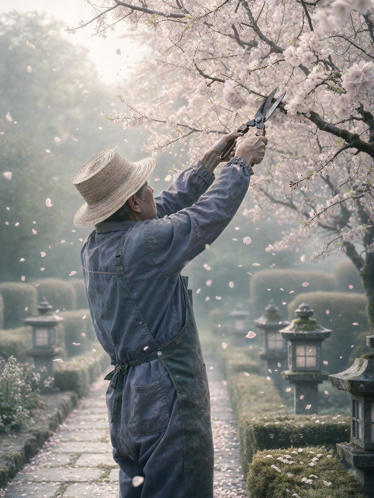 Gardener Pruning Cherry Blossoms — AI generated image
