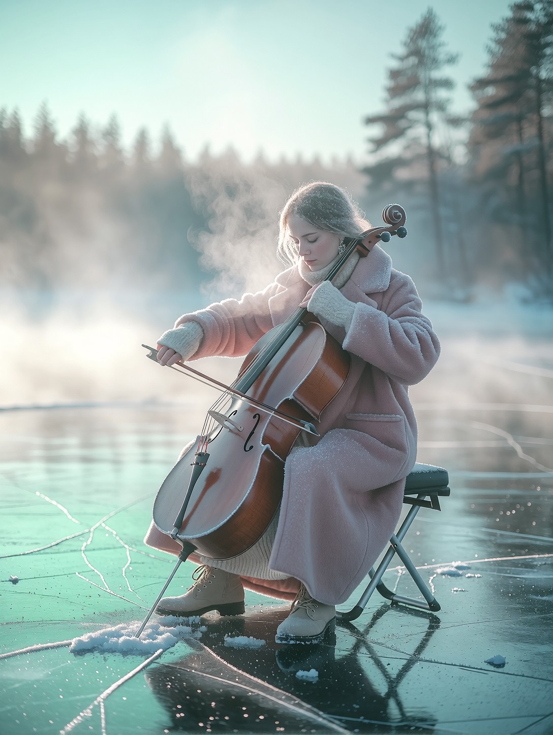 Cellist on Frozen Misty Lake — AI generated image