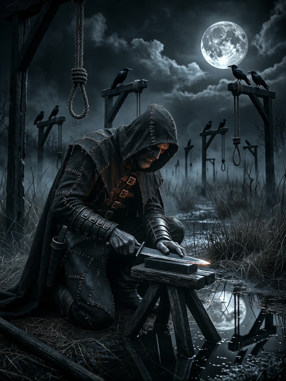 Exiled Executioner Sharpening Moonlight Blade — AI generated image