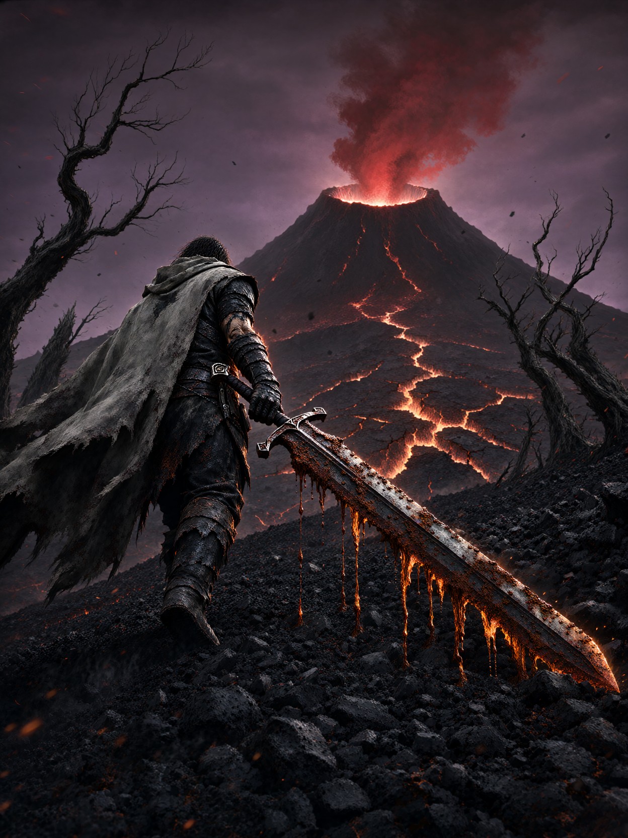 One-Armed Mercenary Climbing Volcanic Slope — AI generated image