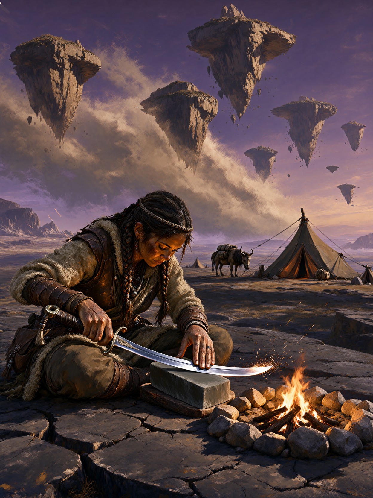 Nomad Warrior Sharpening Sabre At Dusk — AI generated image