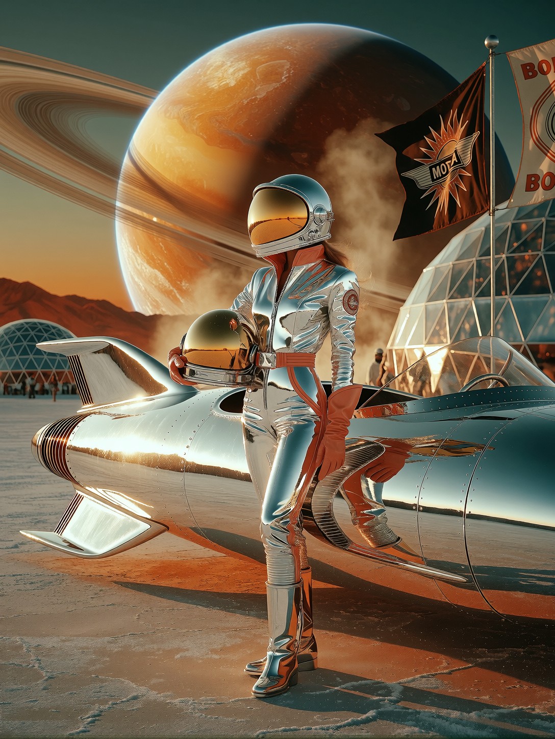 Chrome Test Pilot Beside Rocket Car — AI generated image