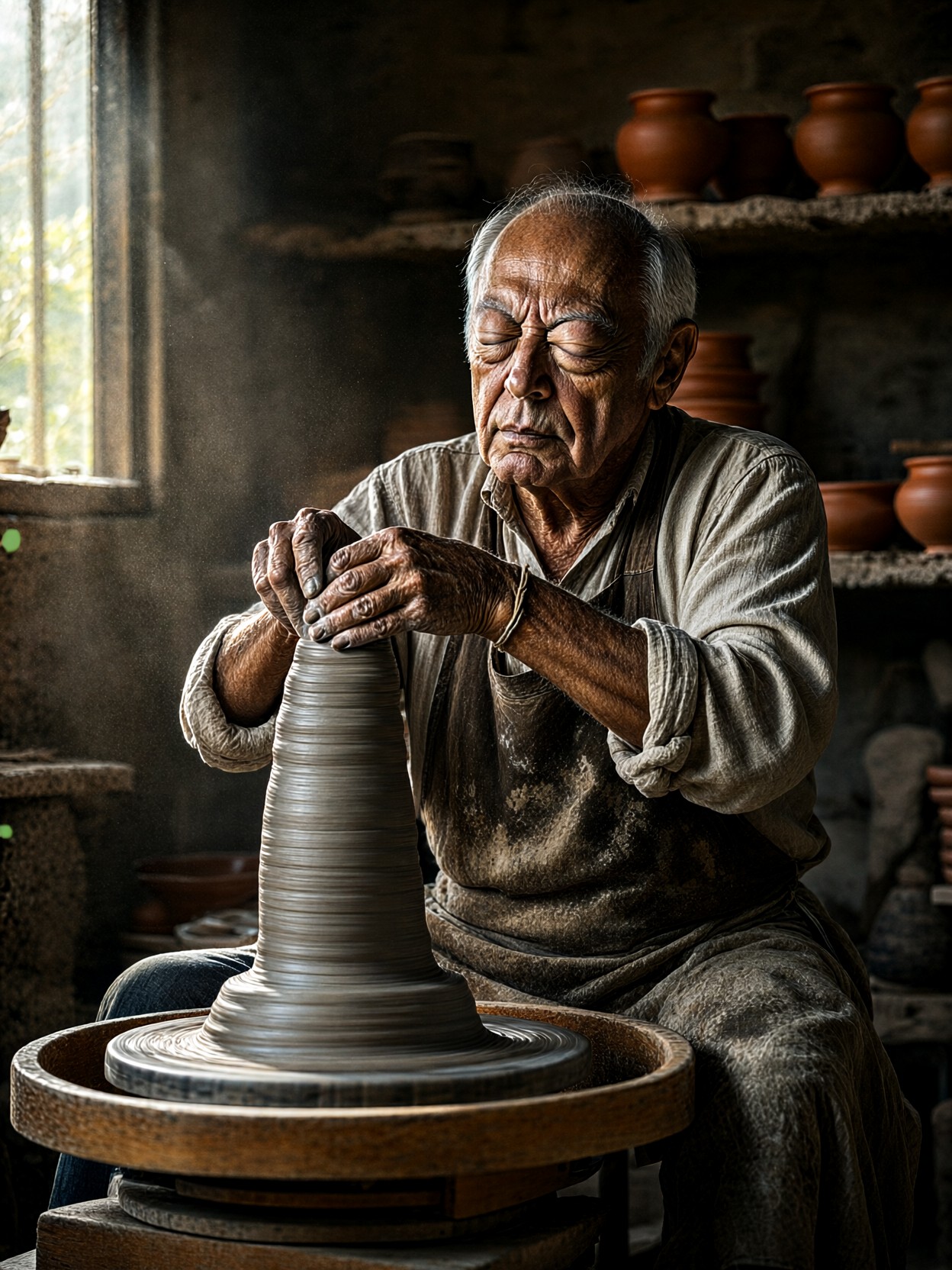 Elder's Hands Shaping Wet Grey Clay — AI generated image