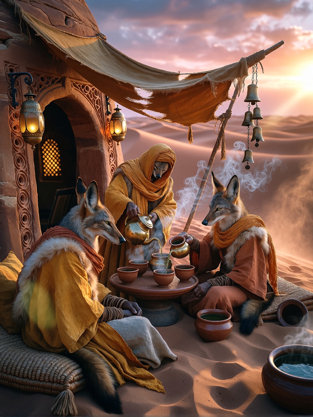 Desert Tea House With Jackal Folk — AI generated image