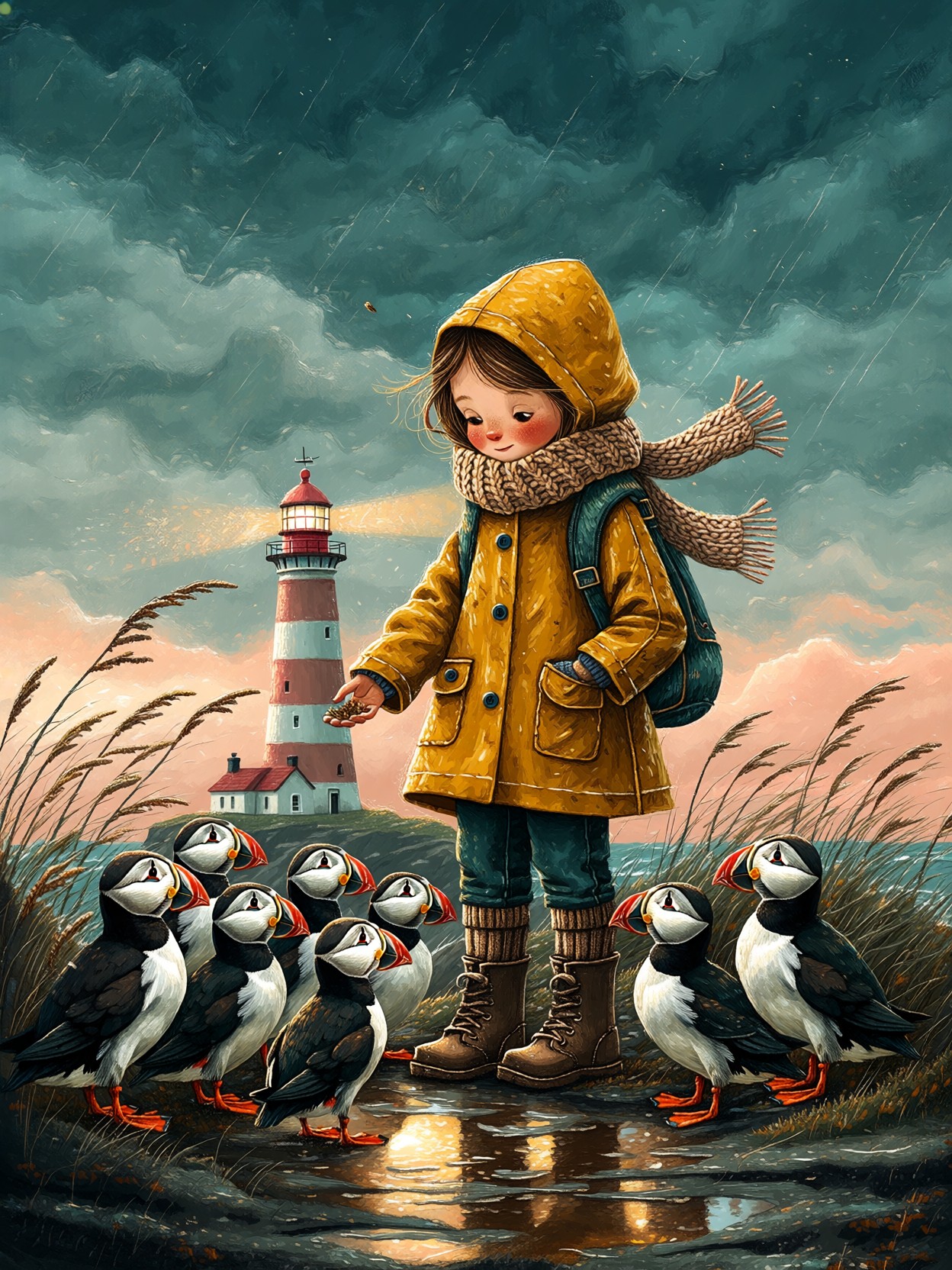 Lighthouse Keeper Feeding Puffins — AI generated image