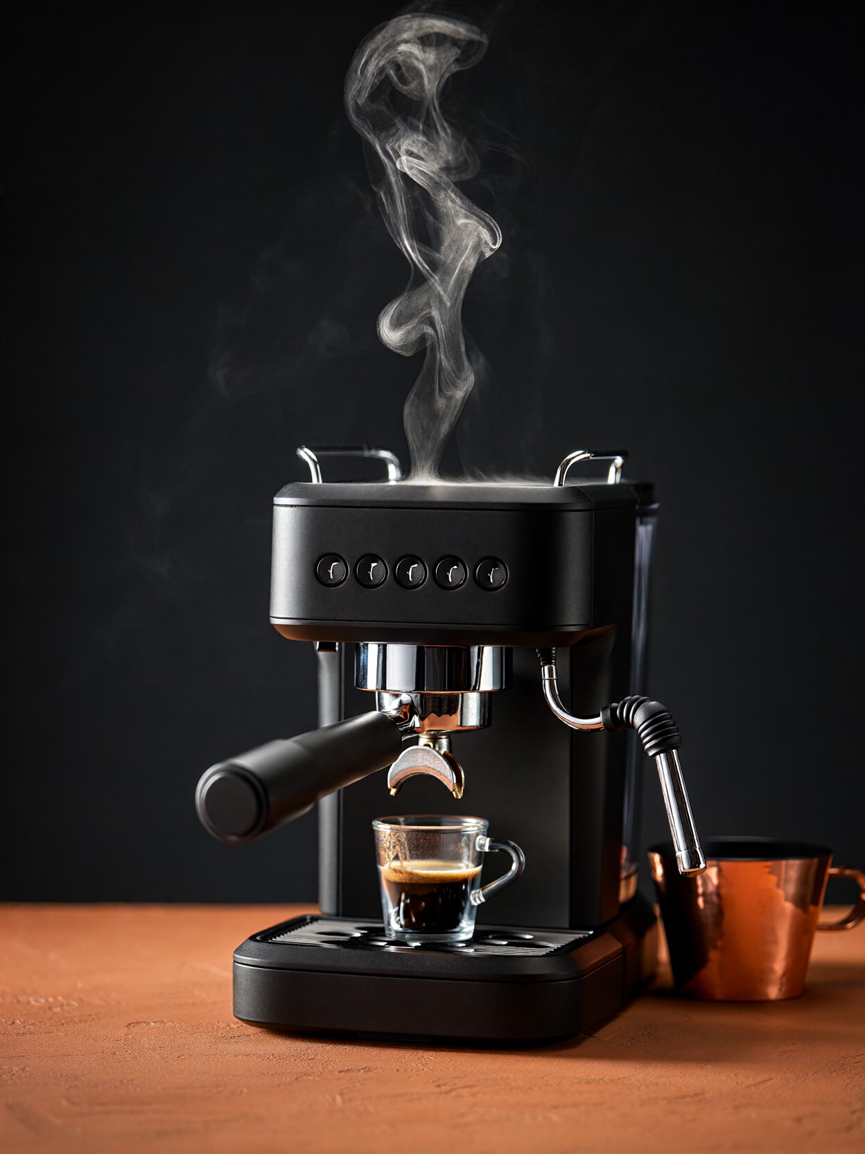 Matte Black Espresso Machine Editorial Shot — AI generated image