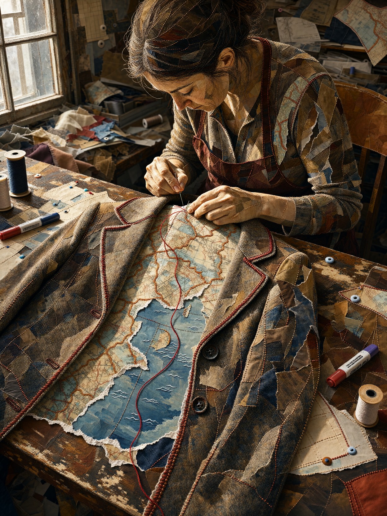 Tailor Sewing Vintage Map Collage — AI generated image