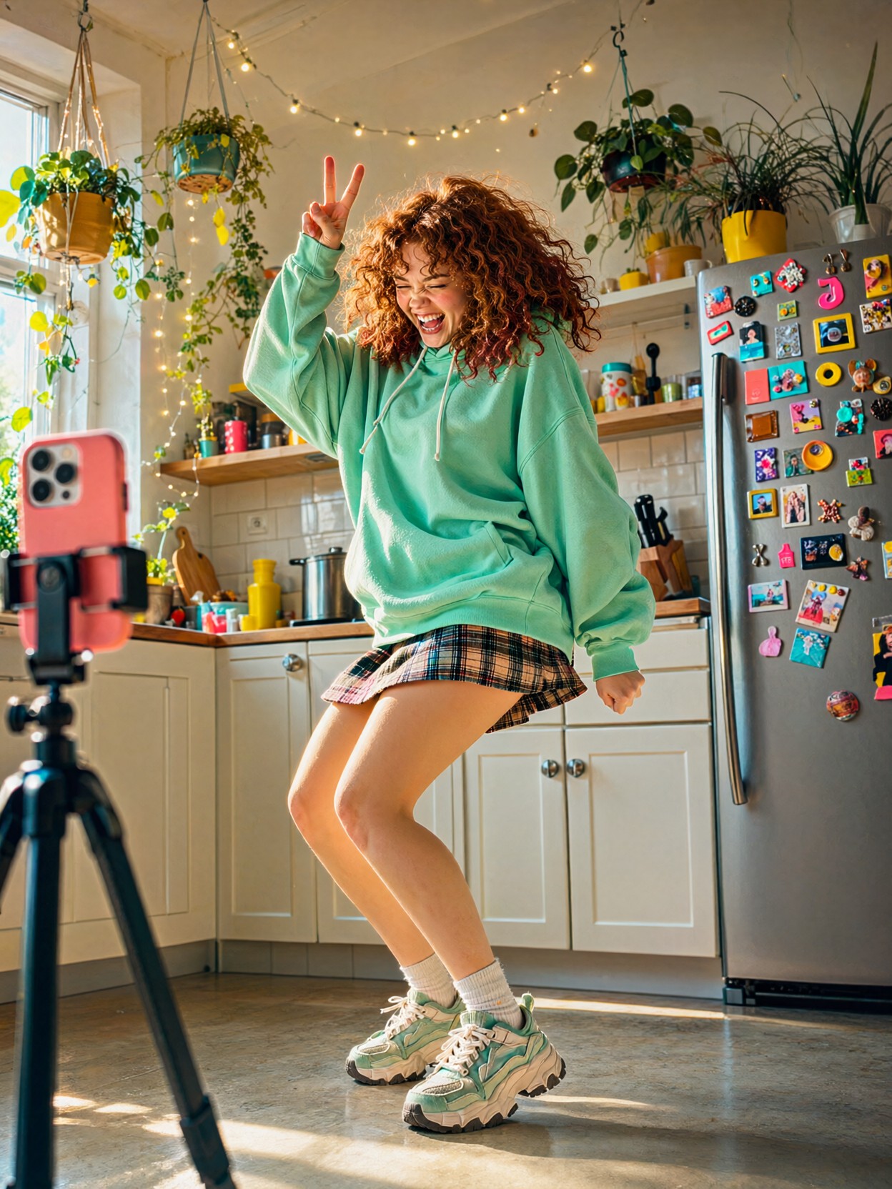 Cheerful Woman Dancing In Sunlit Loft Kitchen — AI generated image