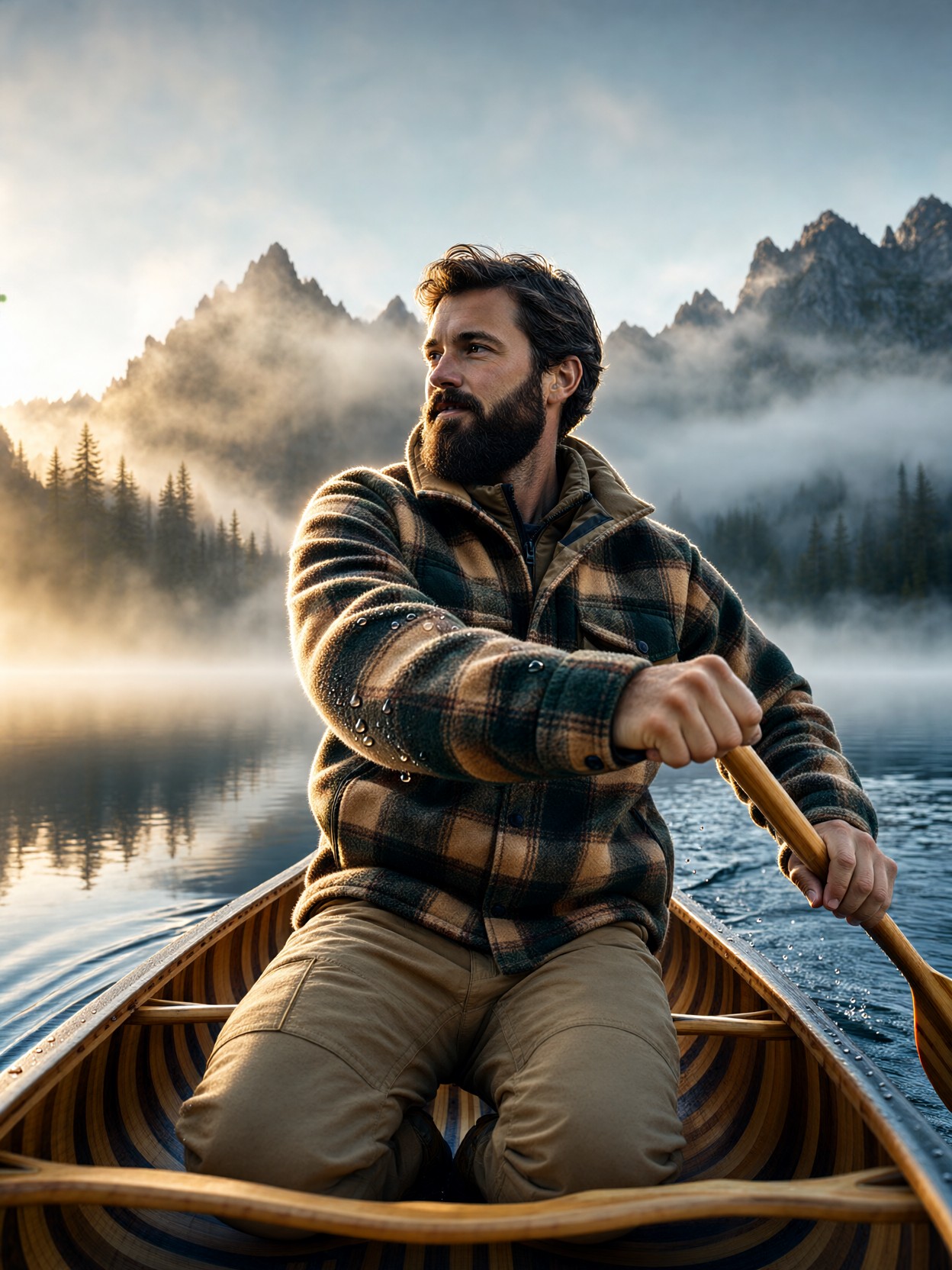 Man Paddling Canoe At Misty Sunrise — AI generated image