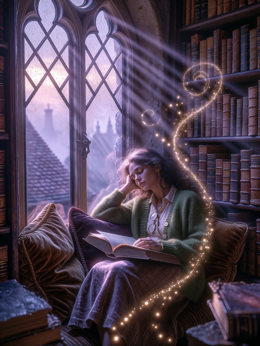 Librarian Dozing In Tower Window — AI generated image