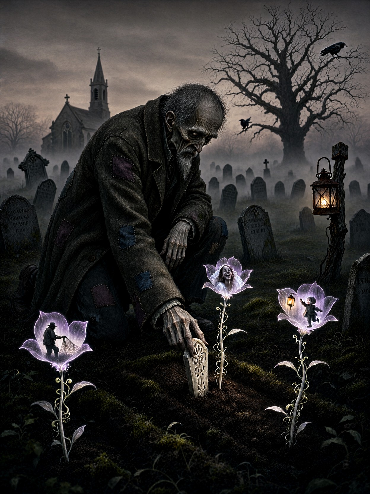 Gravekeeper Plants Glowing Memory Flowers — AI generated image