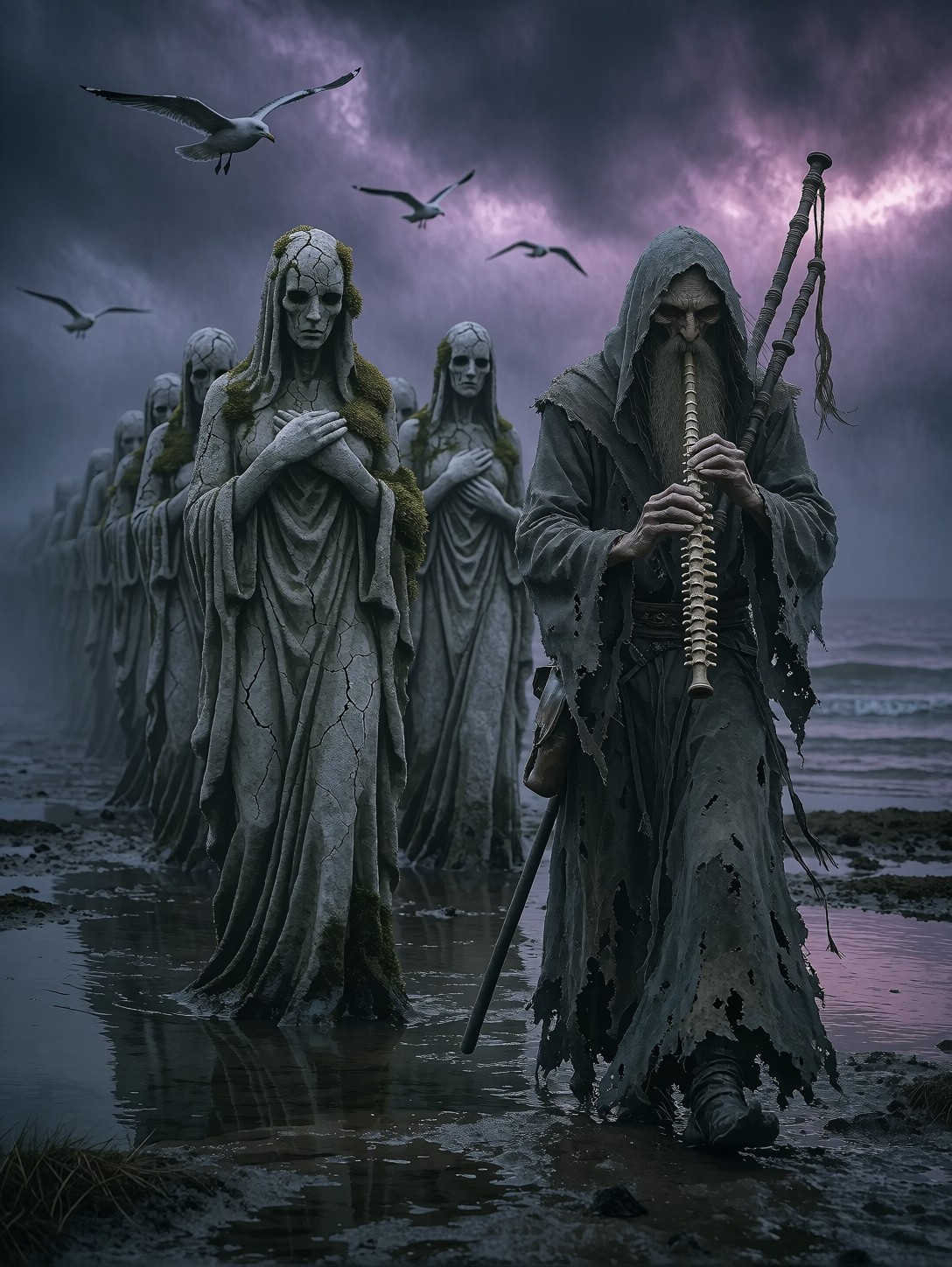 Wandering Piper Leading Stone Statues — AI generated image