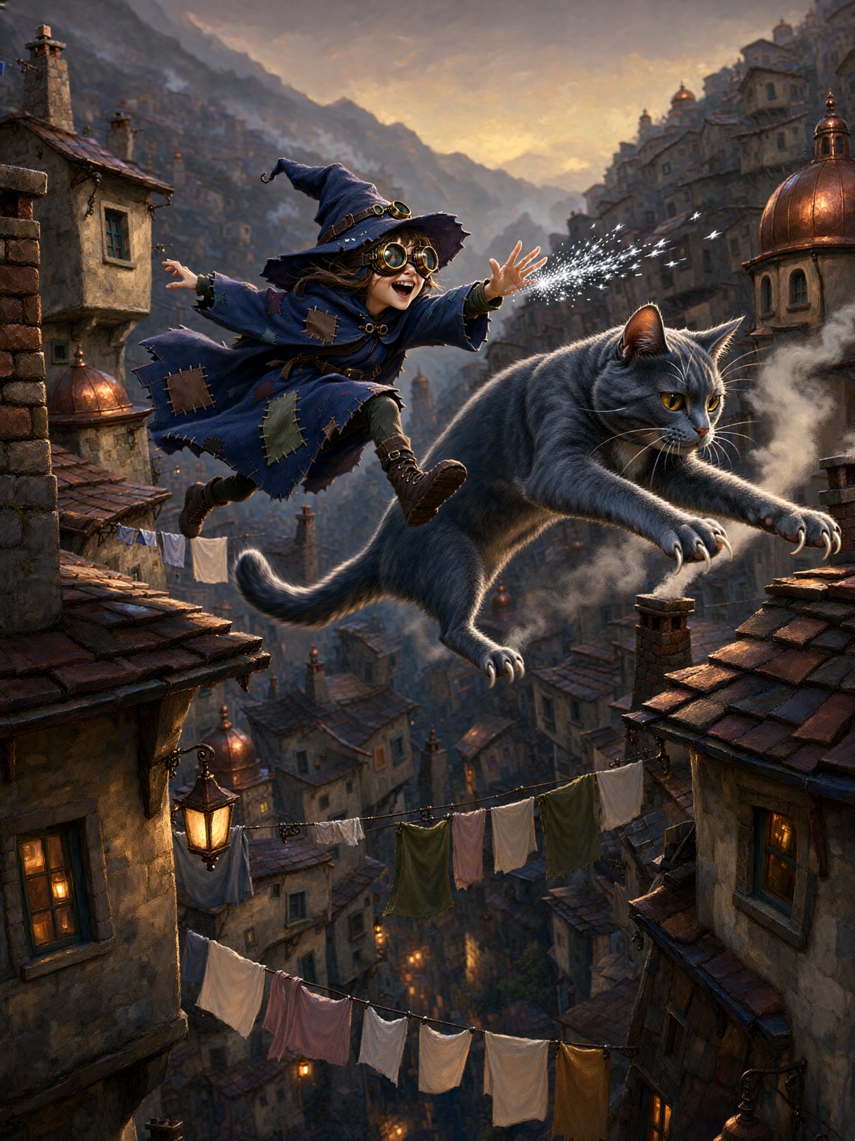Witch Racing Giant Cat Across Rooftops — AI generated image