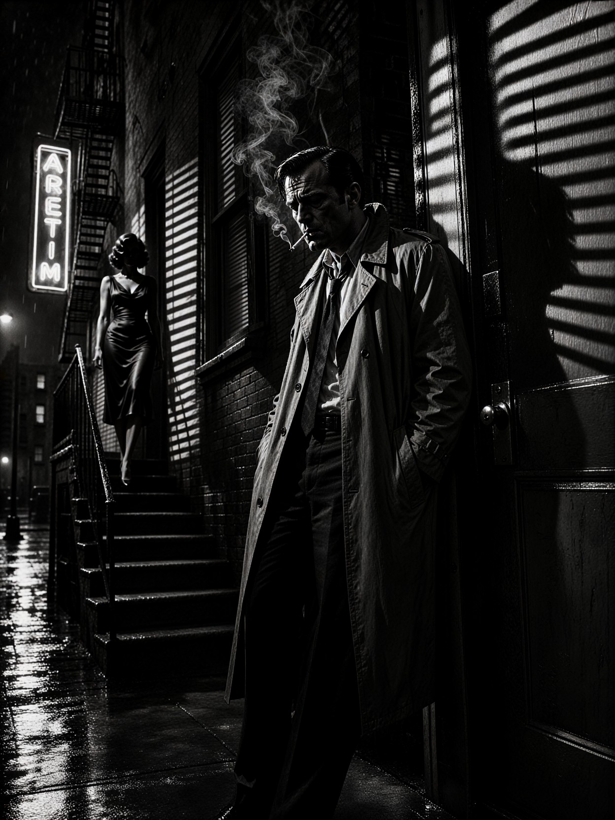 Rain-Slicked Detective Noir Encounter — AI generated image