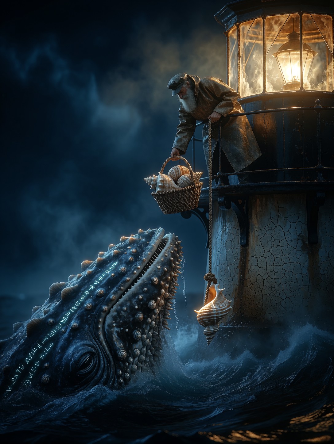 Lighthouse Keeper Trades Shells With Leviathan — AI generated image