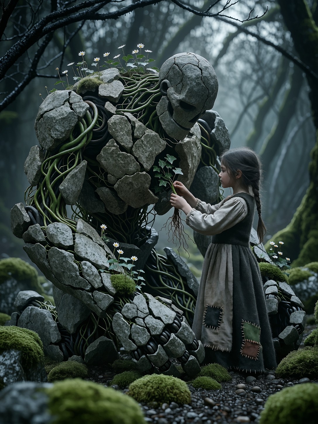 Garden Girl And Crumbling Golem — AI generated image