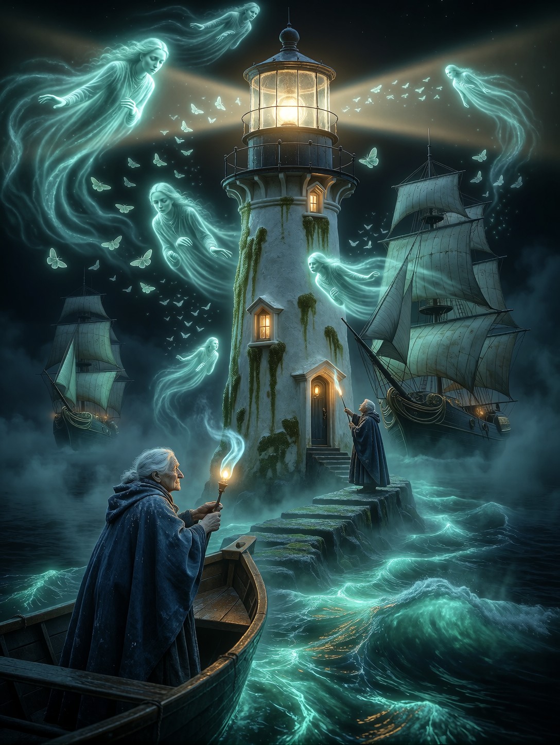 Twin Keepers Of Bone Lighthouse — AI generated image