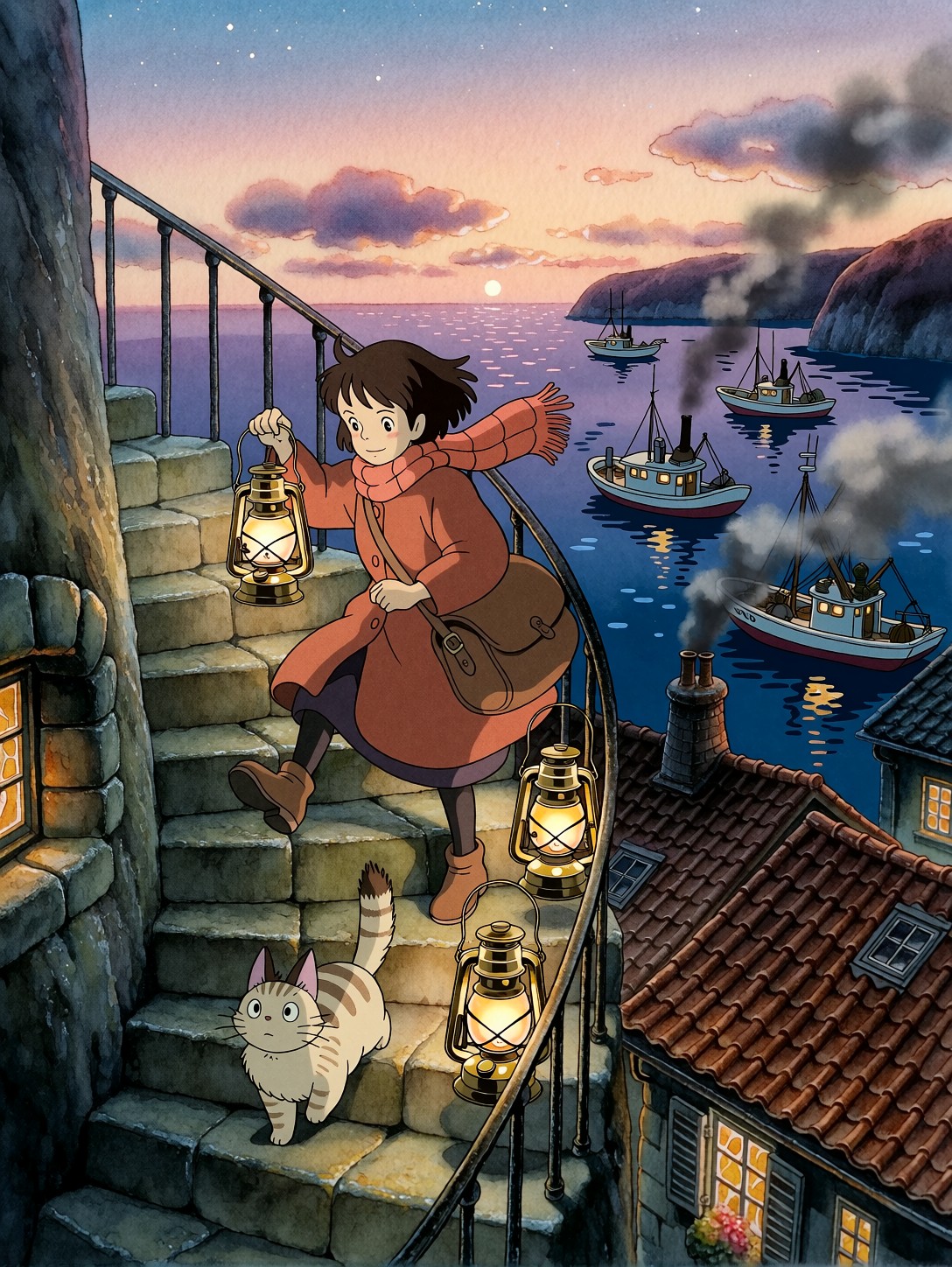 Lamplighter Girl on Dusk Staircase — AI generated image