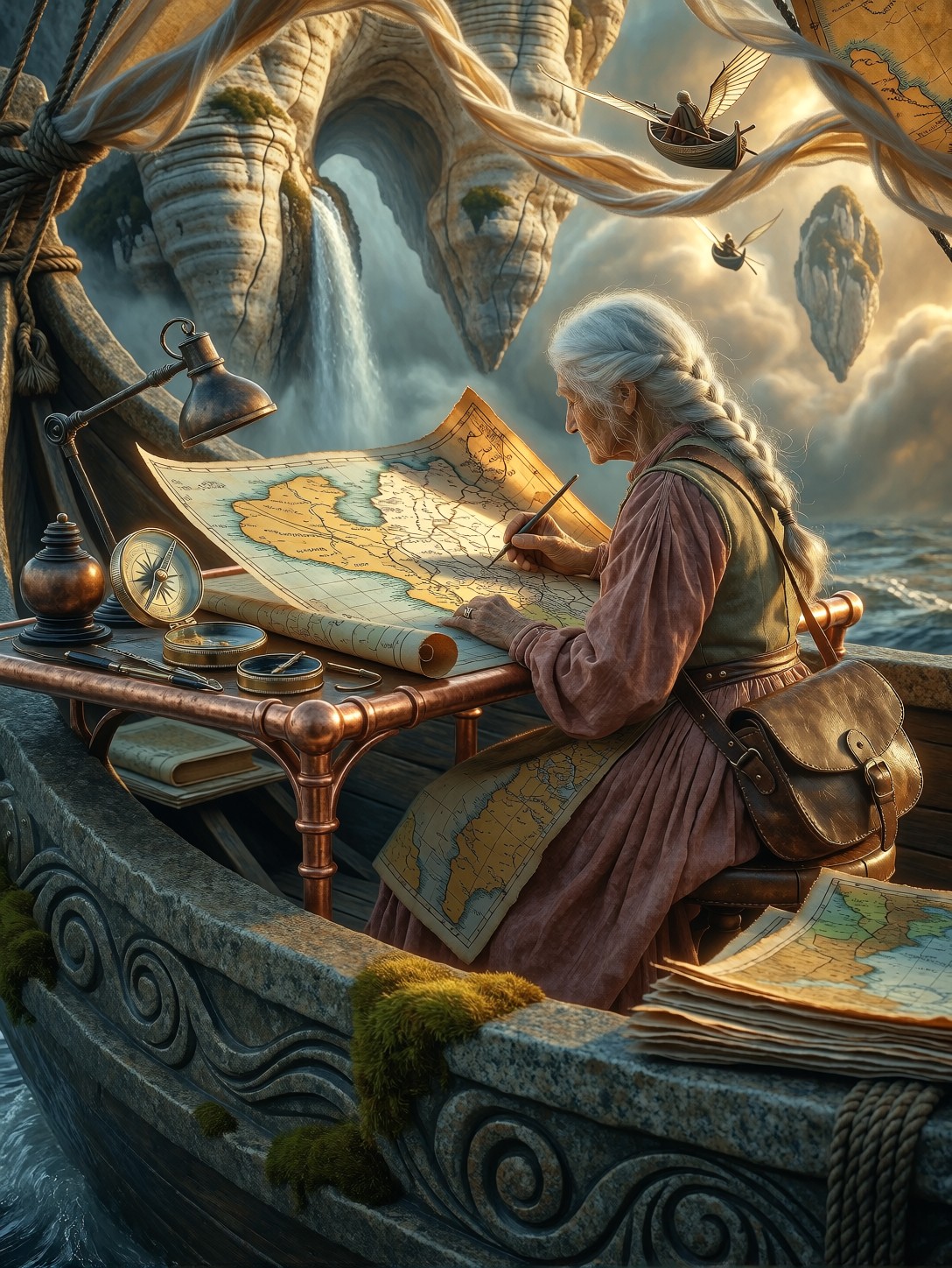 Elderly Cartographer Mapping Floating Islands — AI generated image