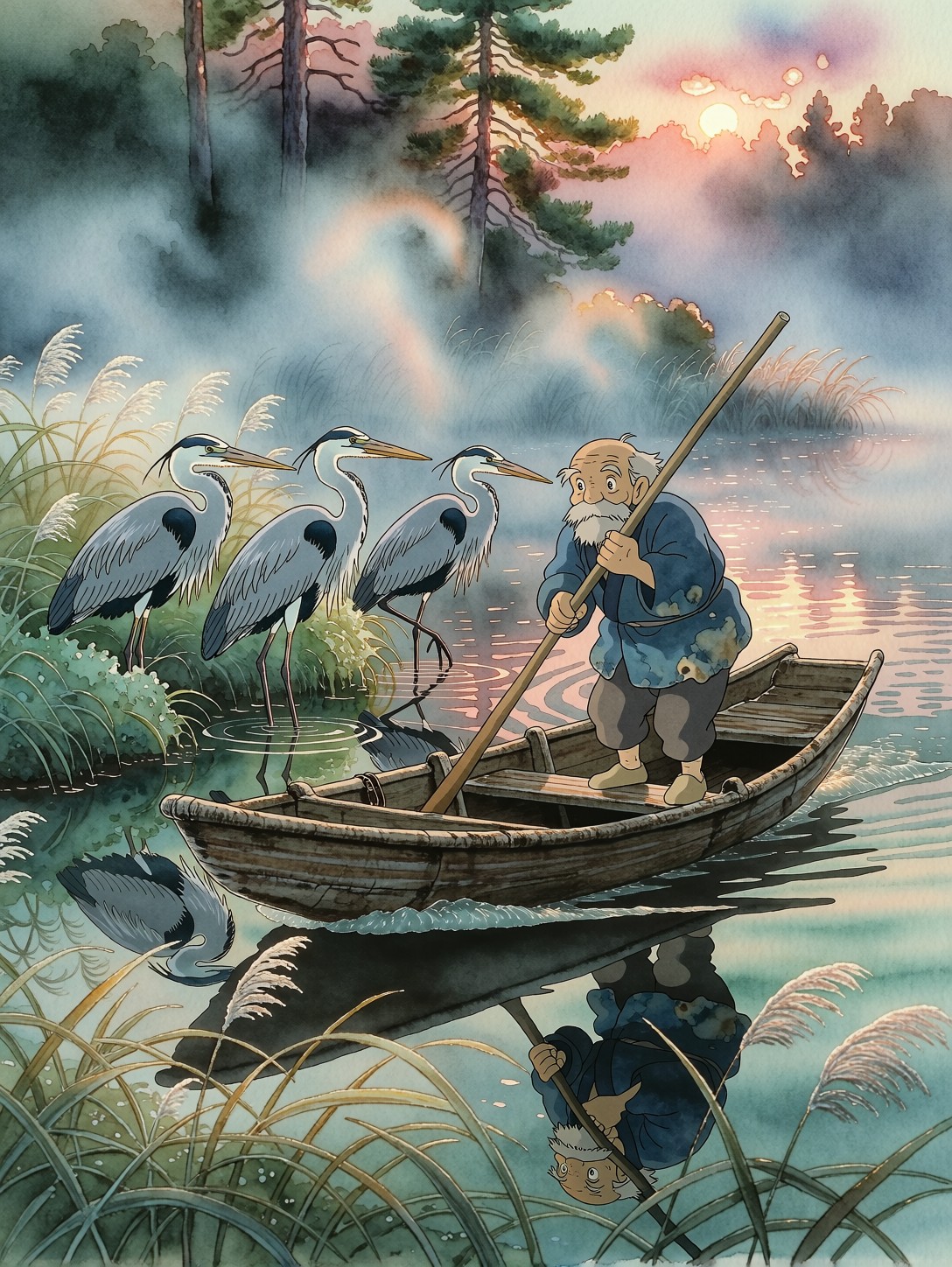 Ghibli Ferryman Misty Dawn Lake — AI generated image