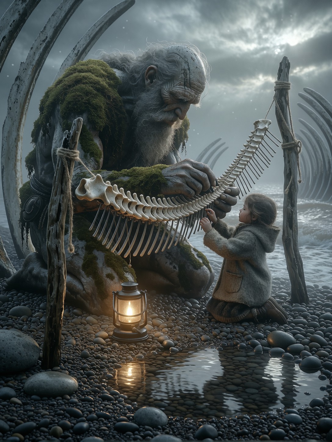 Giant and Child Carving Bone Chimes — AI generated image